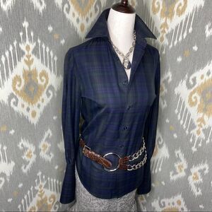 Ralph Lauren Blackwatch Tartan Plaid Polished Cotton L/S Puff Sleeve Blouse